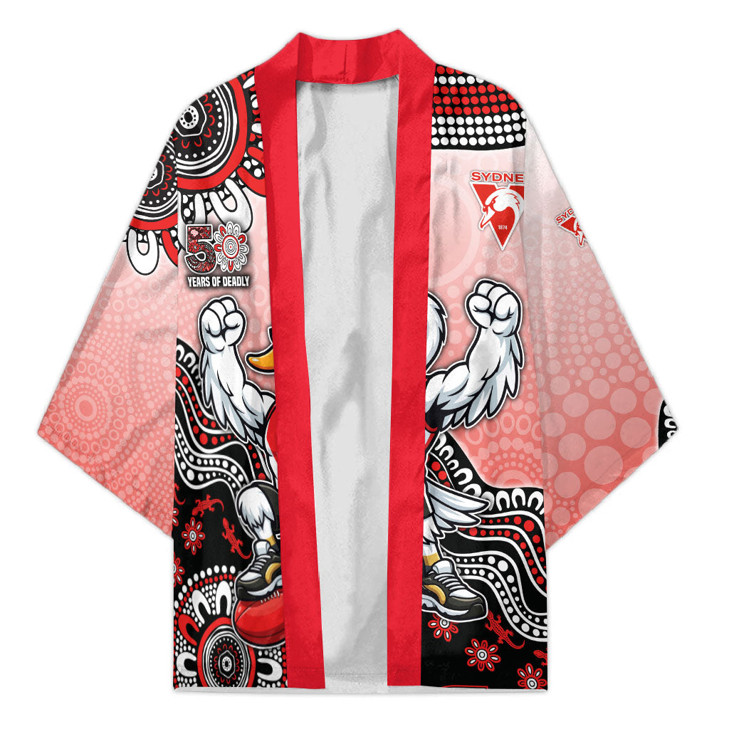 Personalized Sydney Swans Football Mascot Kimono Aboriginal Dot Art Style Vibrant Indigenous Pattern Design