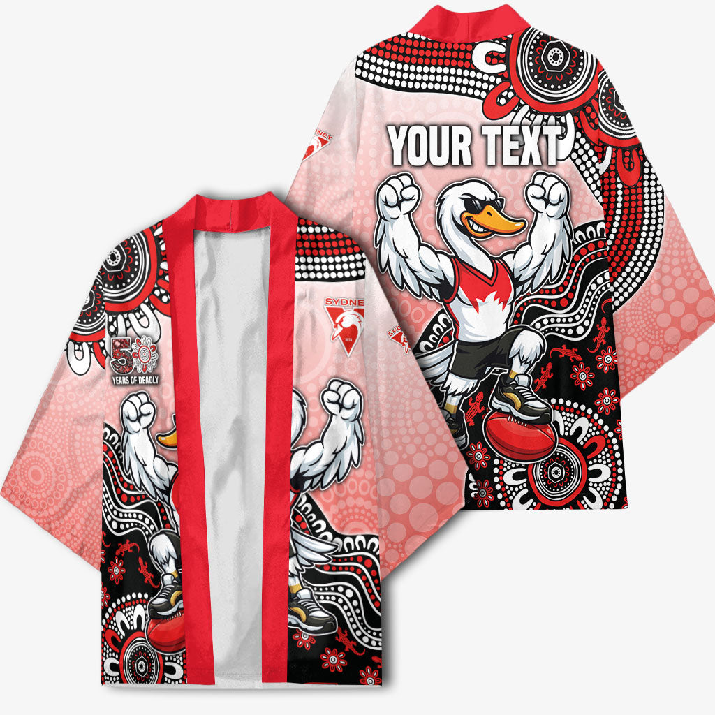 Personalized Sydney Swans Football Mascot Kimono Aboriginal Dot Art Style Vibrant Indigenous Pattern Design