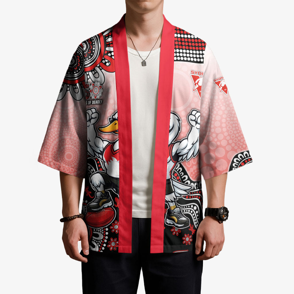 Personalized Sydney Swans Football Mascot Kimono Aboriginal Dot Art Style Vibrant Indigenous Pattern Design
