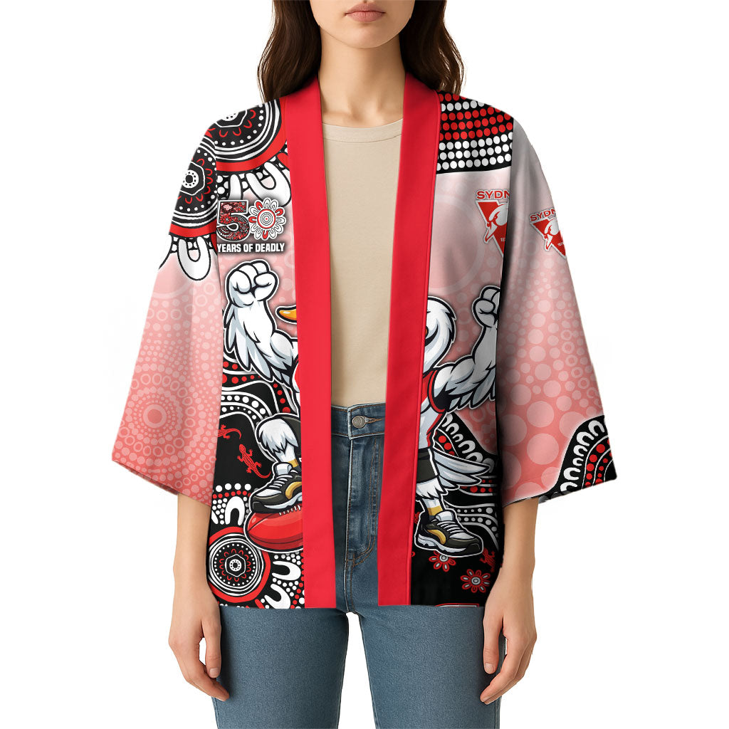 Personalized Sydney Swans Football Mascot Kimono Aboriginal Dot Art Style Vibrant Indigenous Pattern Design
