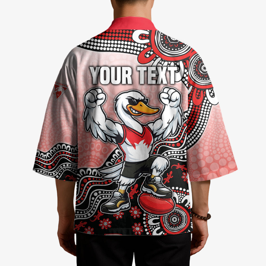 Personalized Sydney Swans Football Mascot Kimono Aboriginal Dot Art Style Vibrant Indigenous Pattern Design