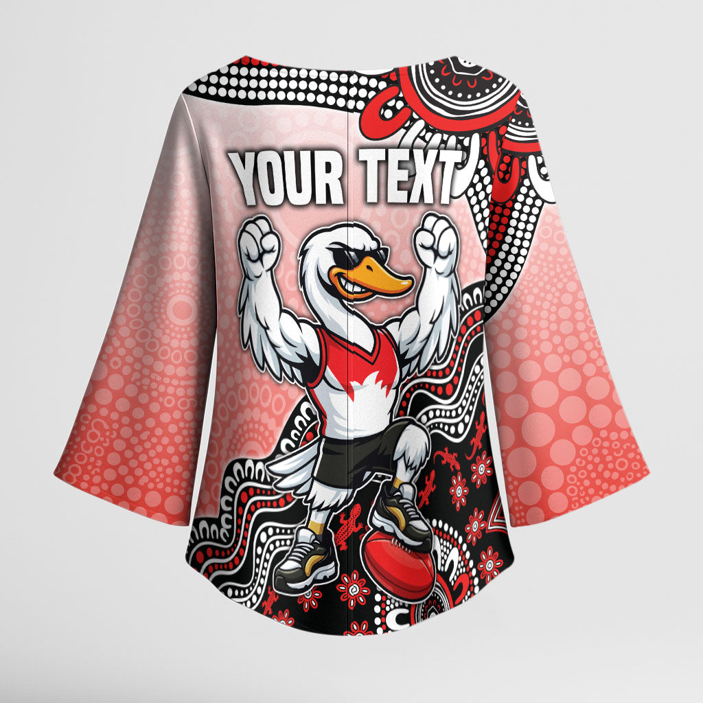 Personalized Sydney Swans Football Mascot Kimono Sleeve Blouse Aboriginal Dot Art Style Vibrant Indigenous Pattern Design