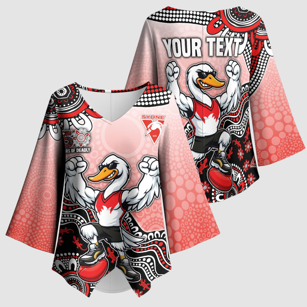 Personalized Sydney Swans Football Mascot Kimono Sleeve Blouse Aboriginal Dot Art Style Vibrant Indigenous Pattern Design