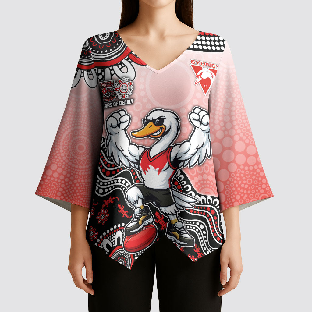 Personalized Sydney Swans Football Mascot Kimono Sleeve Blouse Aboriginal Dot Art Style Vibrant Indigenous Pattern Design