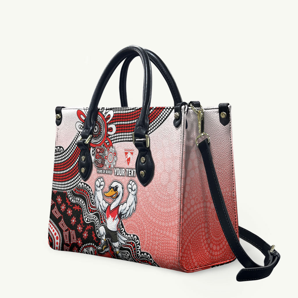 Personalized Sydney Swans Football Mascot Leather Bag Aboriginal Dot Art Style Vibrant Indigenous Pattern Design