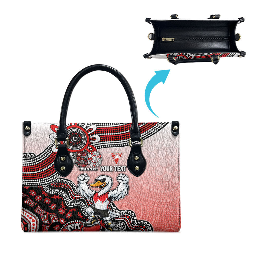 Personalized Sydney Swans Football Mascot Leather Bag Aboriginal Dot Art Style Vibrant Indigenous Pattern Design