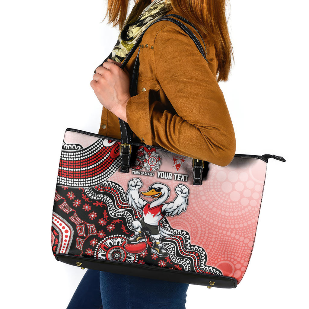 Personalized Sydney Swans Football Mascot Leather Tote Bag Aboriginal Dot Art Style Vibrant Indigenous Pattern Design