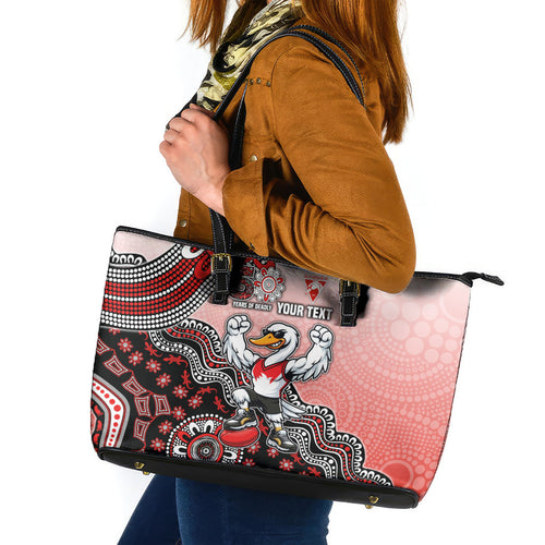 Personalized Sydney Swans Football Mascot Leather Tote Bag Aboriginal Dot Art Style Vibrant Indigenous Pattern Design