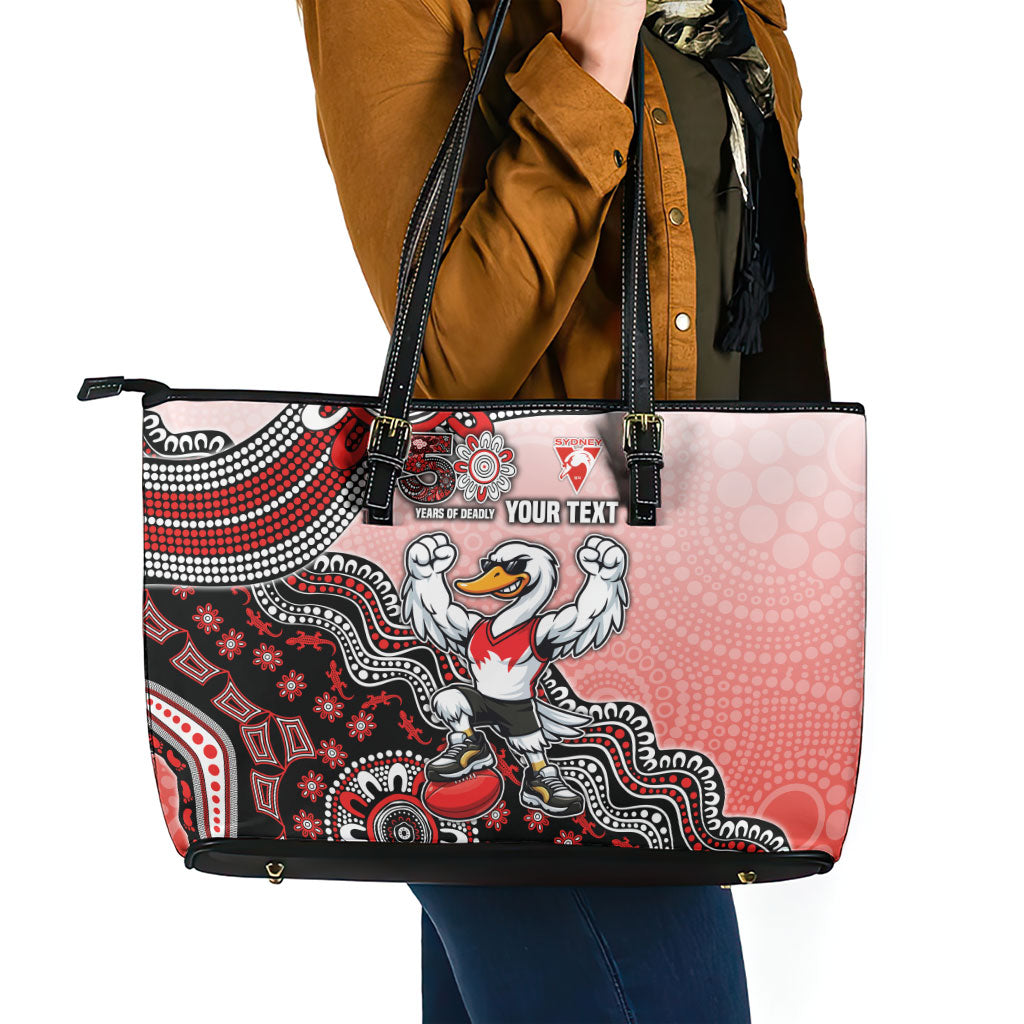Personalized Sydney Swans Football Mascot Leather Tote Bag Aboriginal Dot Art Style Vibrant Indigenous Pattern Design