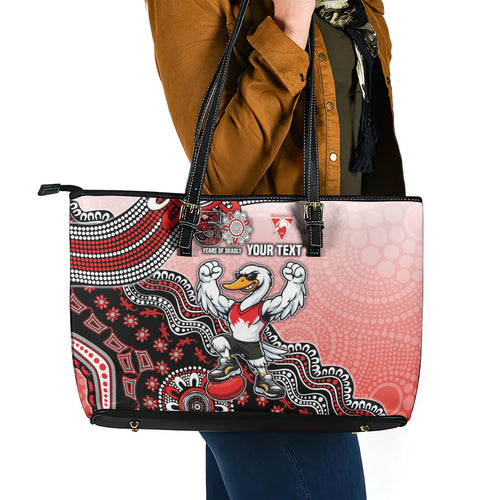 Personalized Sydney Swans Football Mascot Leather Tote Bag Aboriginal Dot Art Style Vibrant Indigenous Pattern Design
