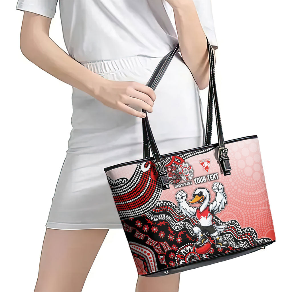 Personalized Sydney Swans Football Mascot Leather Tote Bag Aboriginal Dot Art Style Vibrant Indigenous Pattern Design