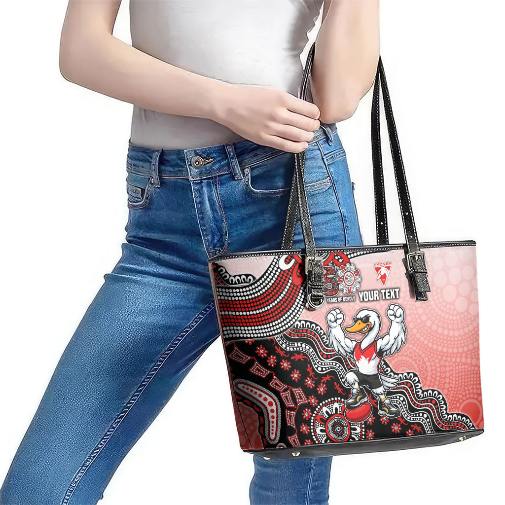 Personalized Sydney Swans Football Mascot Leather Tote Bag Aboriginal Dot Art Style Vibrant Indigenous Pattern Design