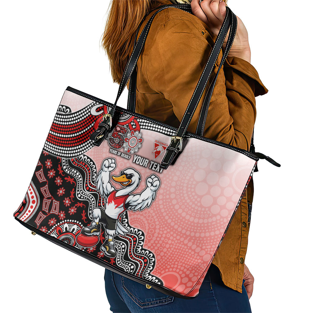 Personalized Sydney Swans Football Mascot Leather Tote Bag Aboriginal Dot Art Style Vibrant Indigenous Pattern Design