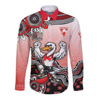 Personalized Sydney Swans Football Mascot Long Sleeve Button Shirt Aboriginal Dot Art Style Vibrant Indigenous Pattern Design