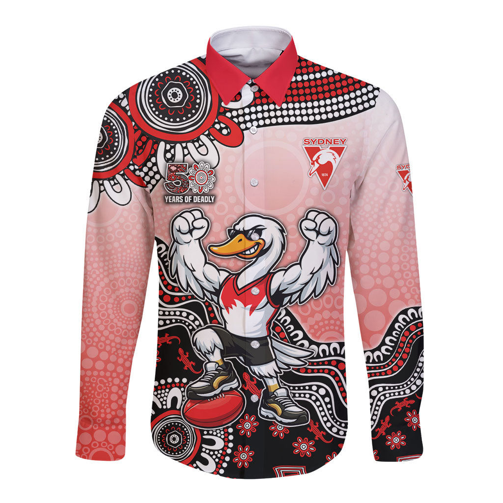 Personalized Sydney Swans Football Mascot Long Sleeve Button Shirt Aboriginal Dot Art Style Vibrant Indigenous Pattern Design