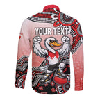 Personalized Sydney Swans Football Mascot Long Sleeve Button Shirt Aboriginal Dot Art Style Vibrant Indigenous Pattern Design