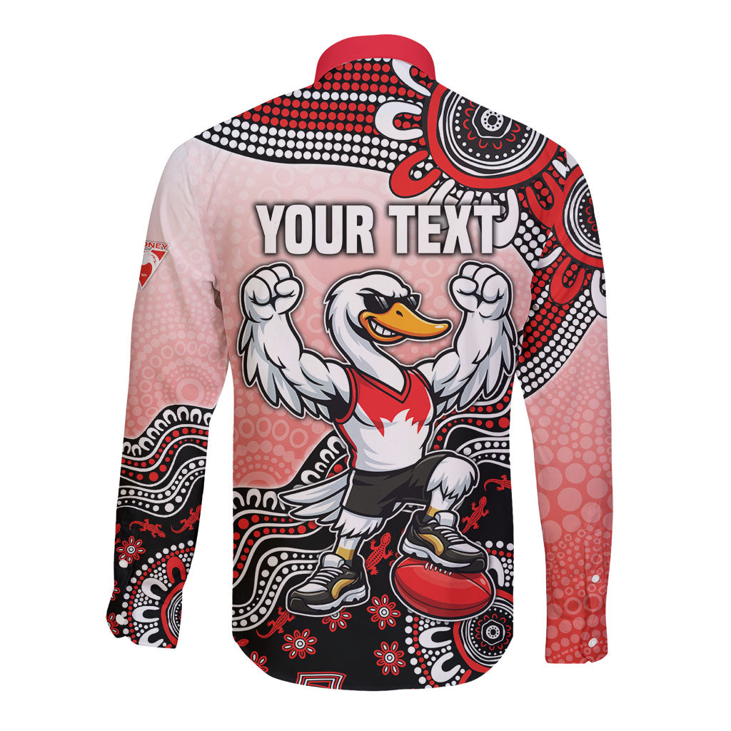 Personalized Sydney Swans Football Mascot Long Sleeve Button Shirt Aboriginal Dot Art Style Vibrant Indigenous Pattern Design