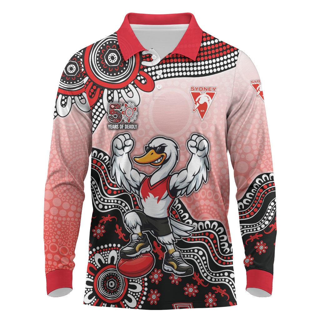 Personalized Sydney Swans Football Mascot Long Sleeve Polo Shirt Aboriginal Dot Art Style Vibrant Indigenous Pattern Design