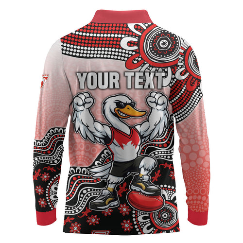 Personalized Sydney Swans Football Mascot Long Sleeve Polo Shirt Aboriginal Dot Art Style Vibrant Indigenous Pattern Design