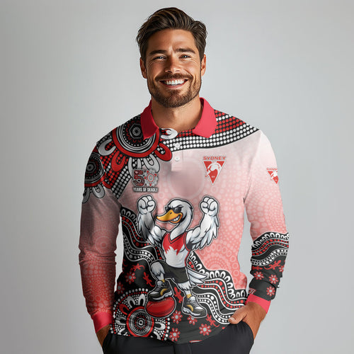 Personalized Sydney Swans Football Mascot Long Sleeve Polo Shirt Aboriginal Dot Art Style Vibrant Indigenous Pattern Design
