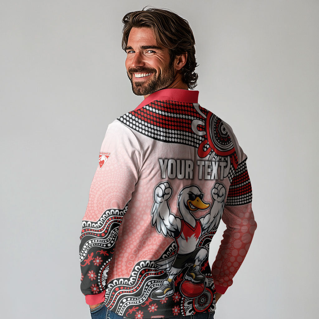 Personalized Sydney Swans Football Mascot Long Sleeve Polo Shirt Aboriginal Dot Art Style Vibrant Indigenous Pattern Design