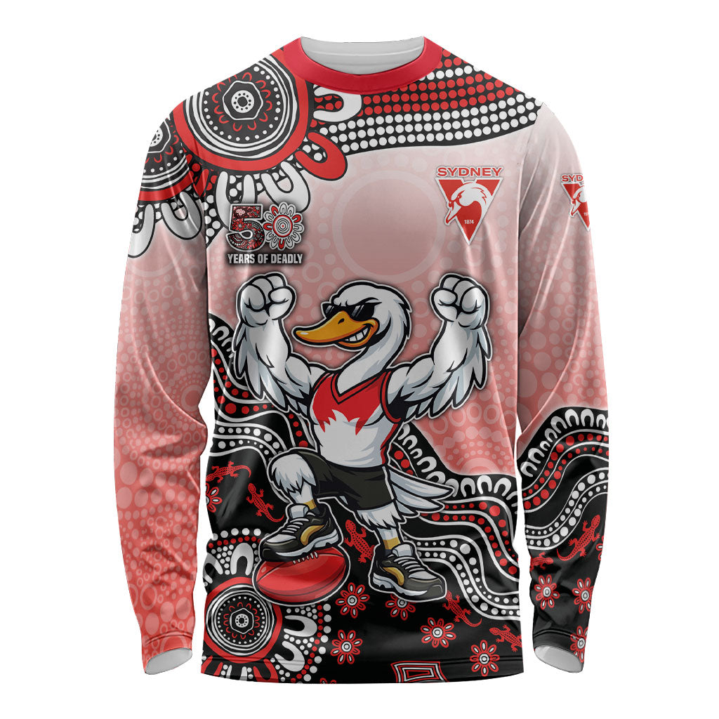 Personalized Sydney Swans Football Mascot Long Sleeve Shirt Aboriginal Dot Art Style Vibrant Indigenous Pattern Design