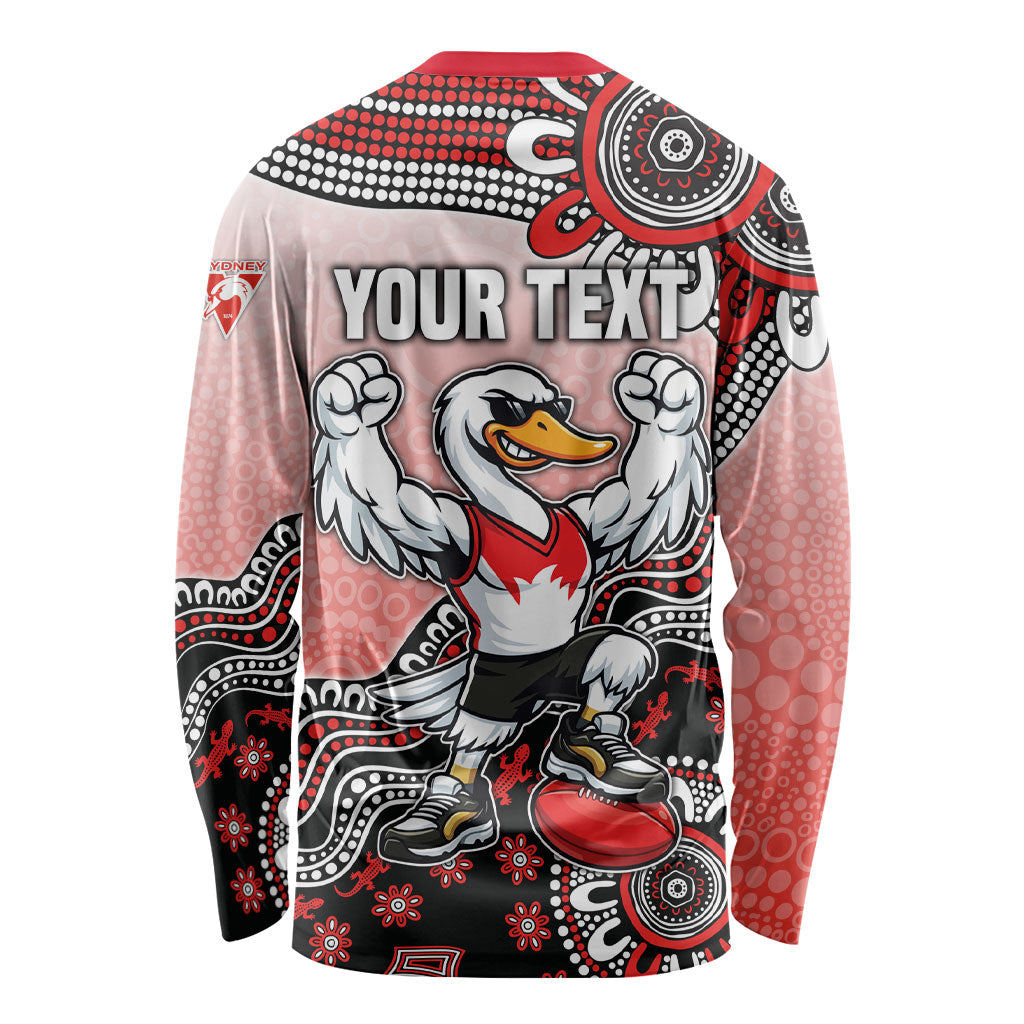 Personalized Sydney Swans Football Mascot Long Sleeve Shirt Aboriginal Dot Art Style Vibrant Indigenous Pattern Design
