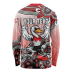 Personalized Sydney Swans Football Mascot Long Sleeve Shirt Aboriginal Dot Art Style Vibrant Indigenous Pattern Design
