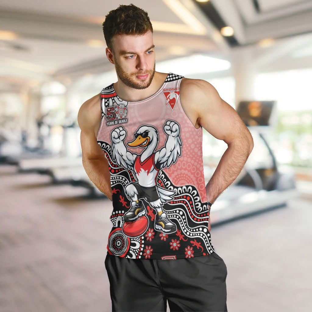 Personalized Sydney Swans Football Mascot Men Tank Top Aboriginal Dot Art Style Vibrant Indigenous Pattern Design