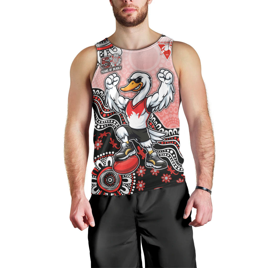 Personalized Sydney Swans Football Mascot Men Tank Top Aboriginal Dot Art Style Vibrant Indigenous Pattern Design