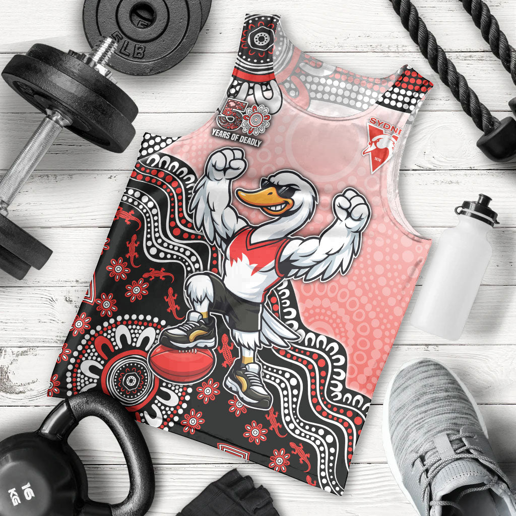 Personalized Sydney Swans Football Mascot Men Tank Top Aboriginal Dot Art Style Vibrant Indigenous Pattern Design