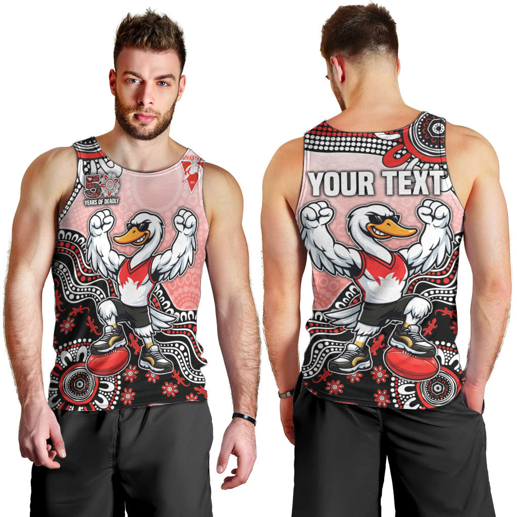 Personalized Sydney Swans Football Mascot Men Tank Top Aboriginal Dot Art Style Vibrant Indigenous Pattern Design