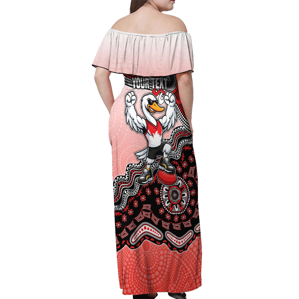 Personalized Sydney Swans Football Mascot Off Shoulder Maxi Dress Aboriginal Dot Art Style Vibrant Indigenous Pattern Design