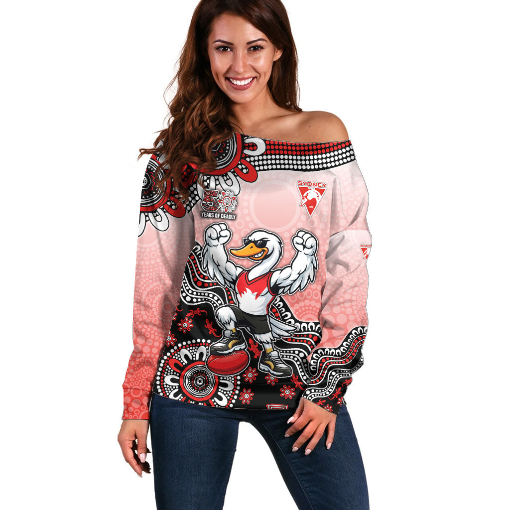 Personalized Sydney Swans Football Mascot Off Shoulder Sweater Aboriginal Dot Art Style Vibrant Indigenous Pattern Design