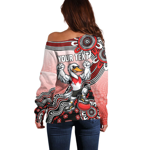 Personalized Sydney Swans Football Mascot Off Shoulder Sweater Aboriginal Dot Art Style Vibrant Indigenous Pattern Design