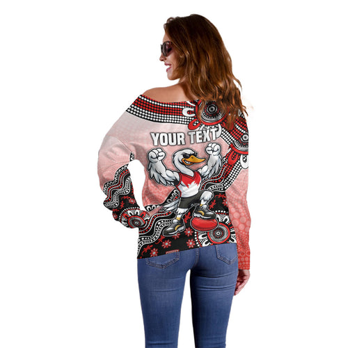 Personalized Sydney Swans Football Mascot Off Shoulder Sweater Aboriginal Dot Art Style Vibrant Indigenous Pattern Design