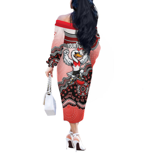 Personalized Sydney Swans Football Mascot Off The Shoulder Long Sleeve Dress Aboriginal Dot Art Style Vibrant Indigenous Pattern Design