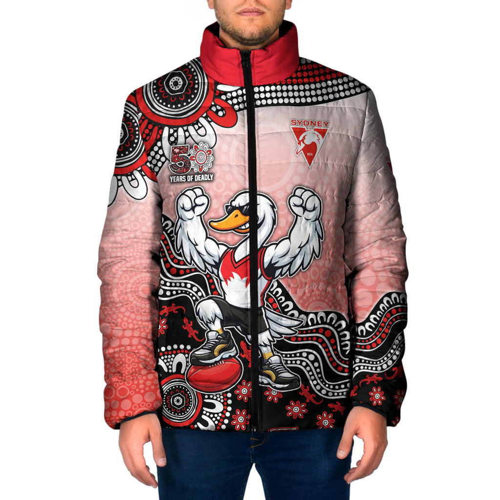 Personalized Sydney Swans Football Mascot Padded Jacket Aboriginal Dot Art Style Vibrant Indigenous Pattern Design