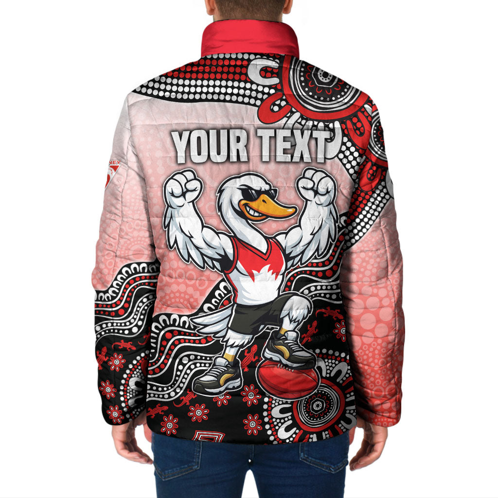 Personalized Sydney Swans Football Mascot Padded Jacket Aboriginal Dot Art Style Vibrant Indigenous Pattern Design