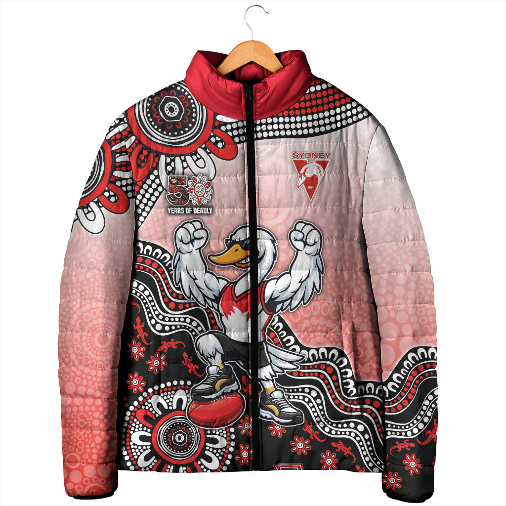 Personalized Sydney Swans Football Mascot Padded Jacket Aboriginal Dot Art Style Vibrant Indigenous Pattern Design