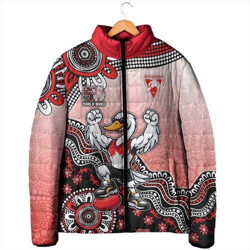 Personalized Sydney Swans Football Mascot Padded Jacket Aboriginal Dot Art Style Vibrant Indigenous Pattern Design