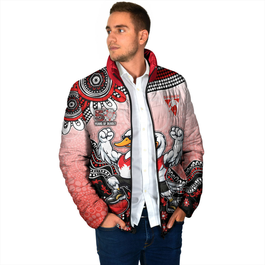 Personalized Sydney Swans Football Mascot Padded Jacket Aboriginal Dot Art Style Vibrant Indigenous Pattern Design