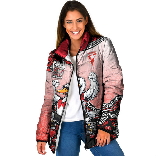 Personalized Sydney Swans Football Mascot Padded Jacket Aboriginal Dot Art Style Vibrant Indigenous Pattern Design