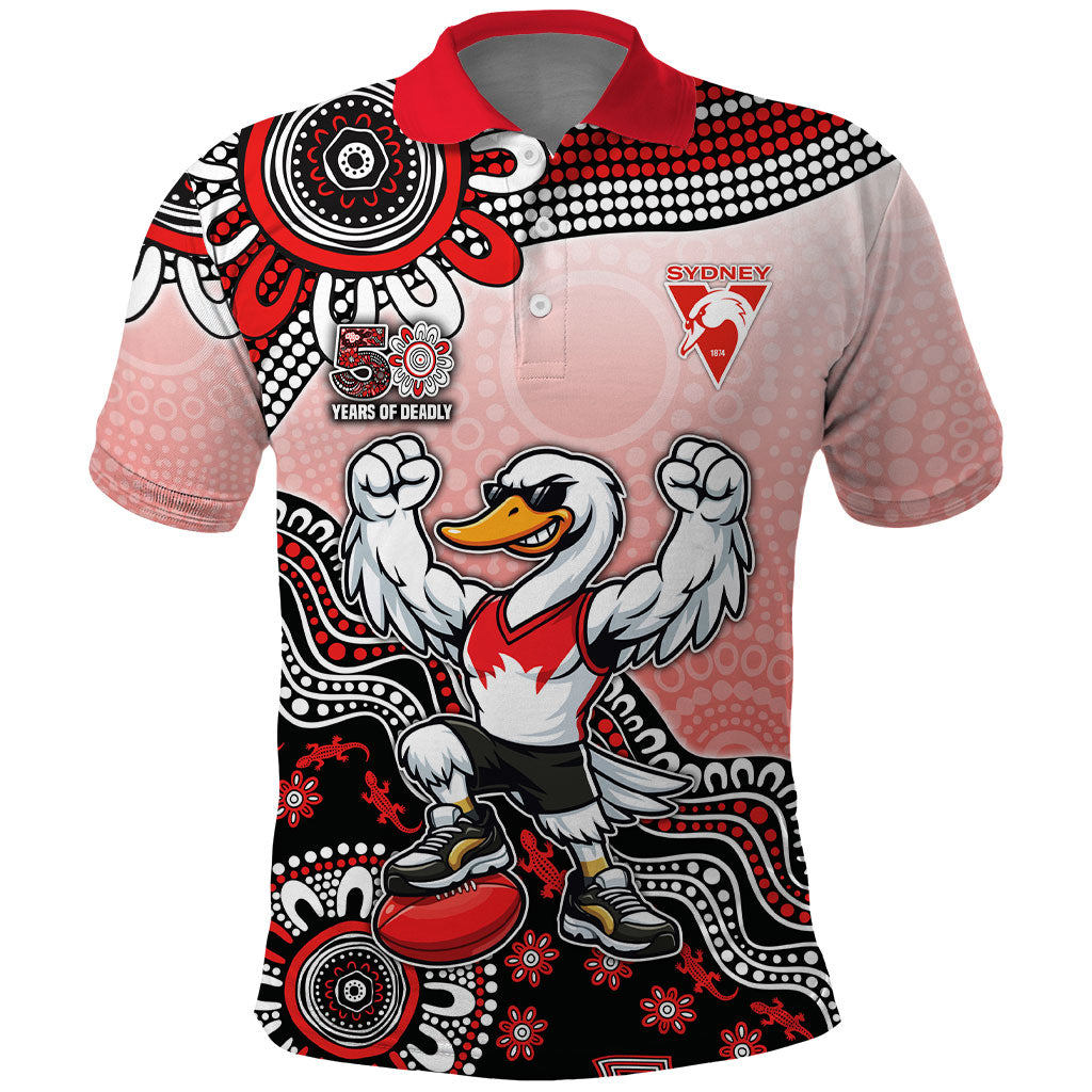 Personalized Sydney Swans Football Mascot Polo Shirt Aboriginal Dot Art Style Vibrant Indigenous Pattern Design