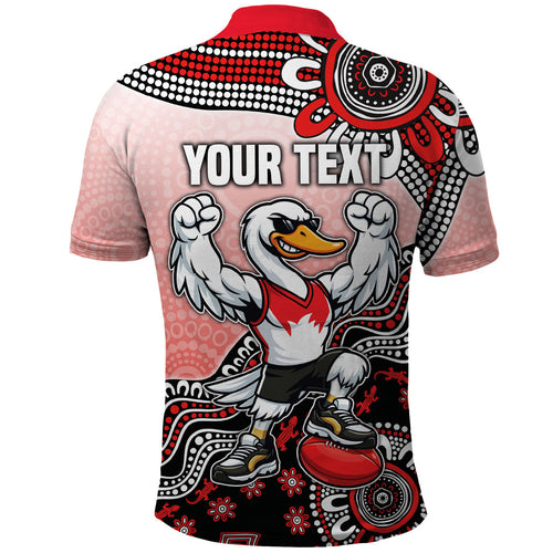 Personalized Sydney Swans Football Mascot Polo Shirt Aboriginal Dot Art Style Vibrant Indigenous Pattern Design