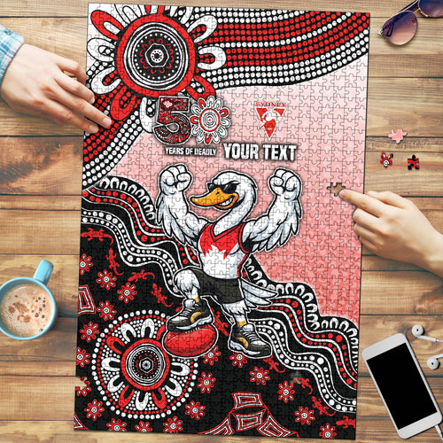 Personalized Sydney Swans Football Mascot Puzzle Aboriginal Dot Art Style Vibrant Indigenous Pattern Design