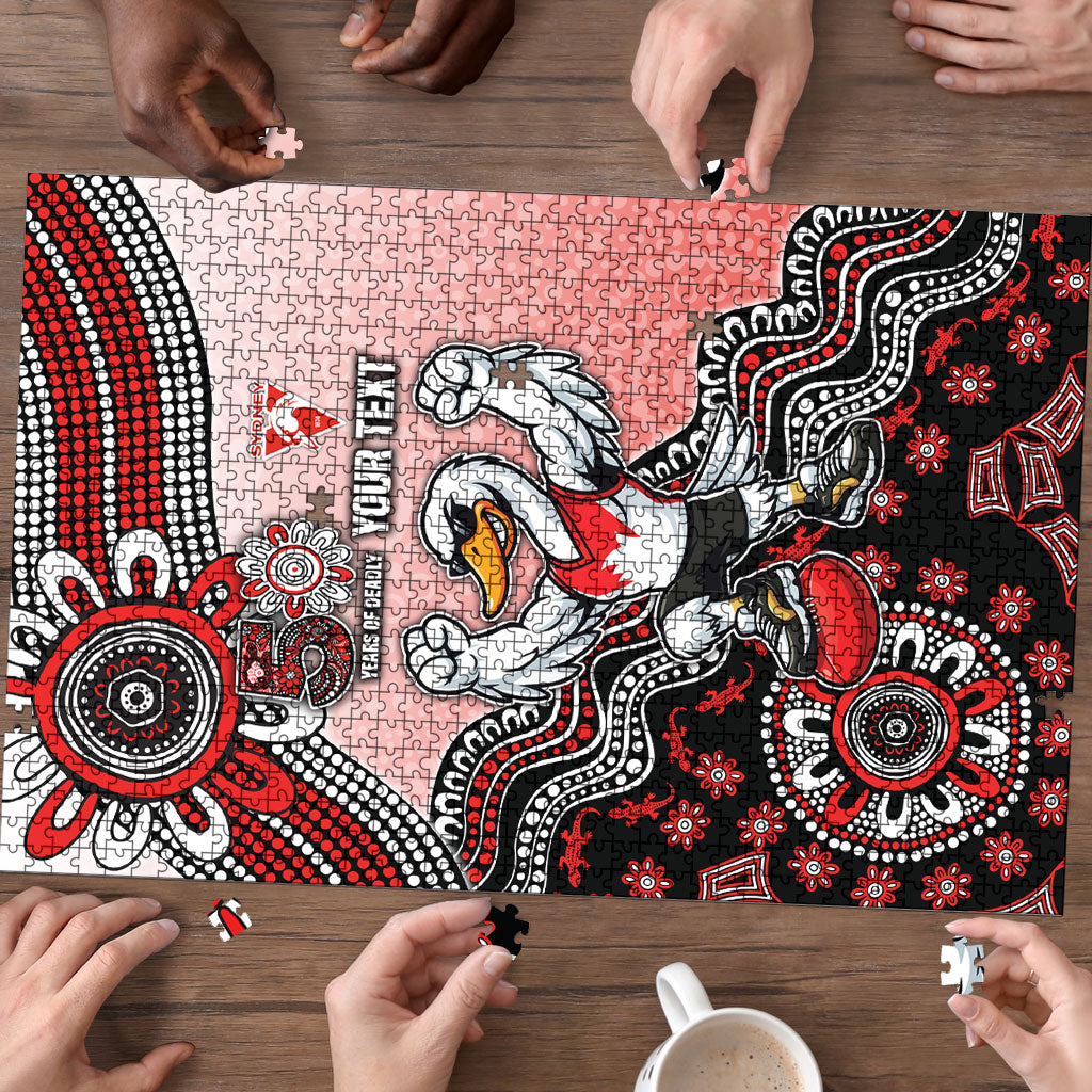 Personalized Sydney Swans Football Mascot Puzzle Aboriginal Dot Art Style Vibrant Indigenous Pattern Design