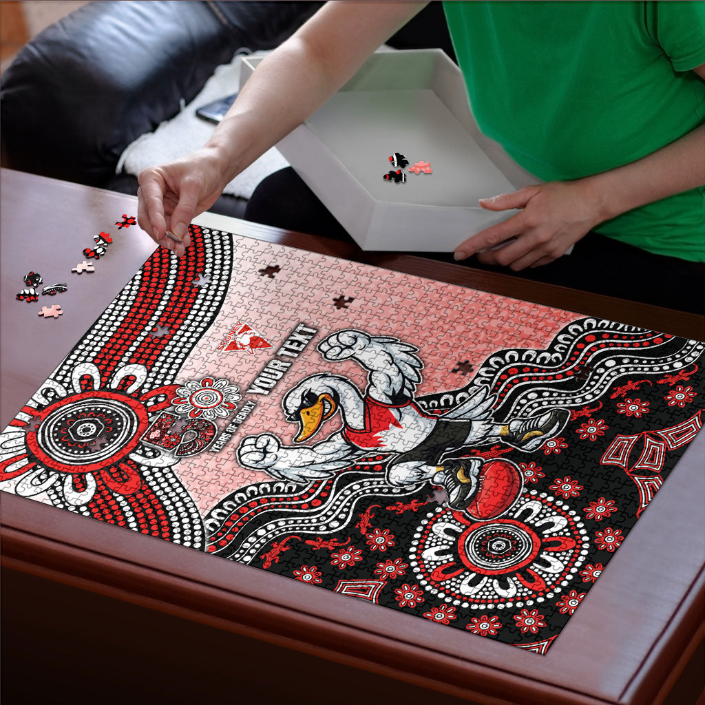 Personalized Sydney Swans Football Mascot Puzzle Aboriginal Dot Art Style Vibrant Indigenous Pattern Design