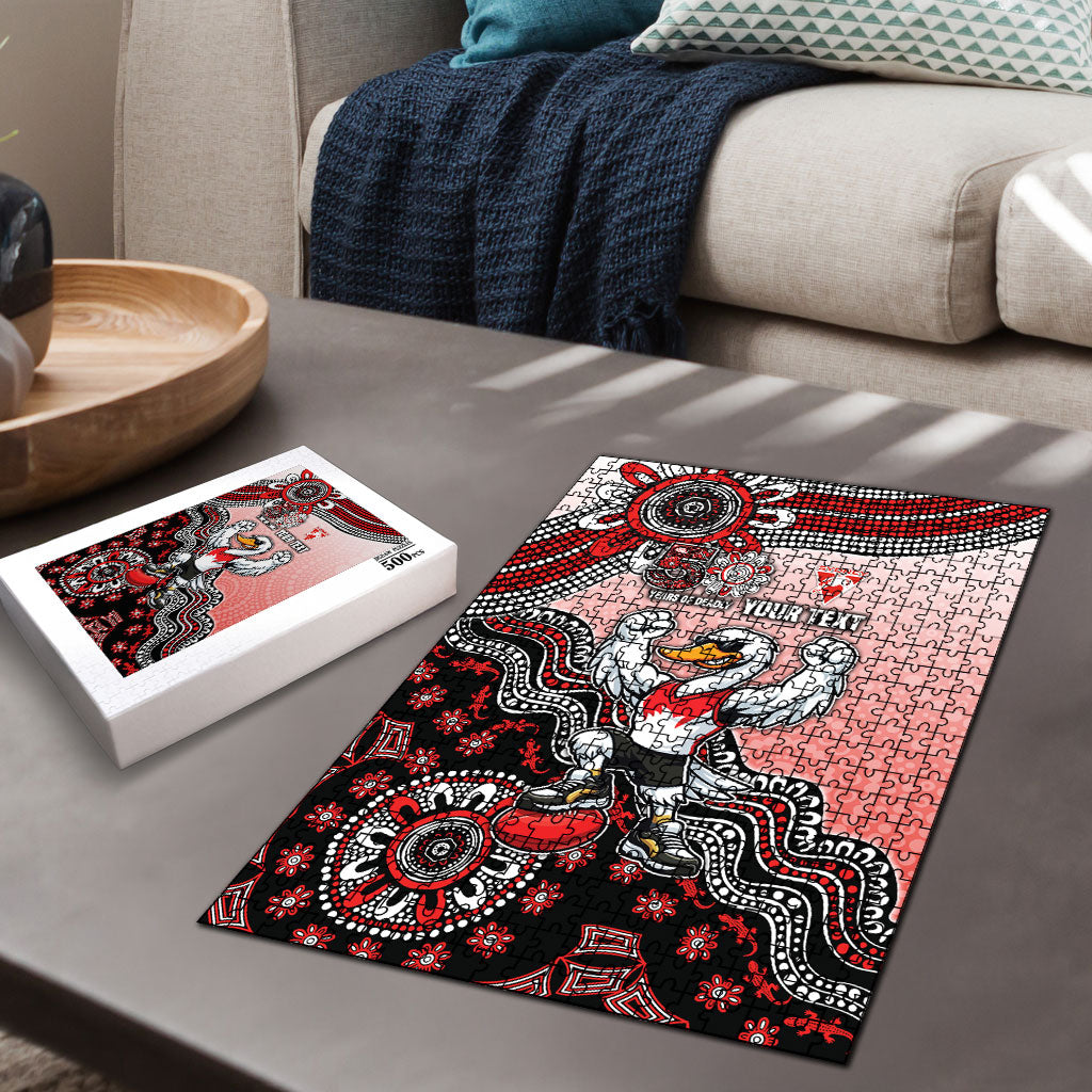 Personalized Sydney Swans Football Mascot Puzzle Aboriginal Dot Art Style Vibrant Indigenous Pattern Design