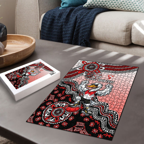Personalized Sydney Swans Football Mascot Puzzle Aboriginal Dot Art Style Vibrant Indigenous Pattern Design